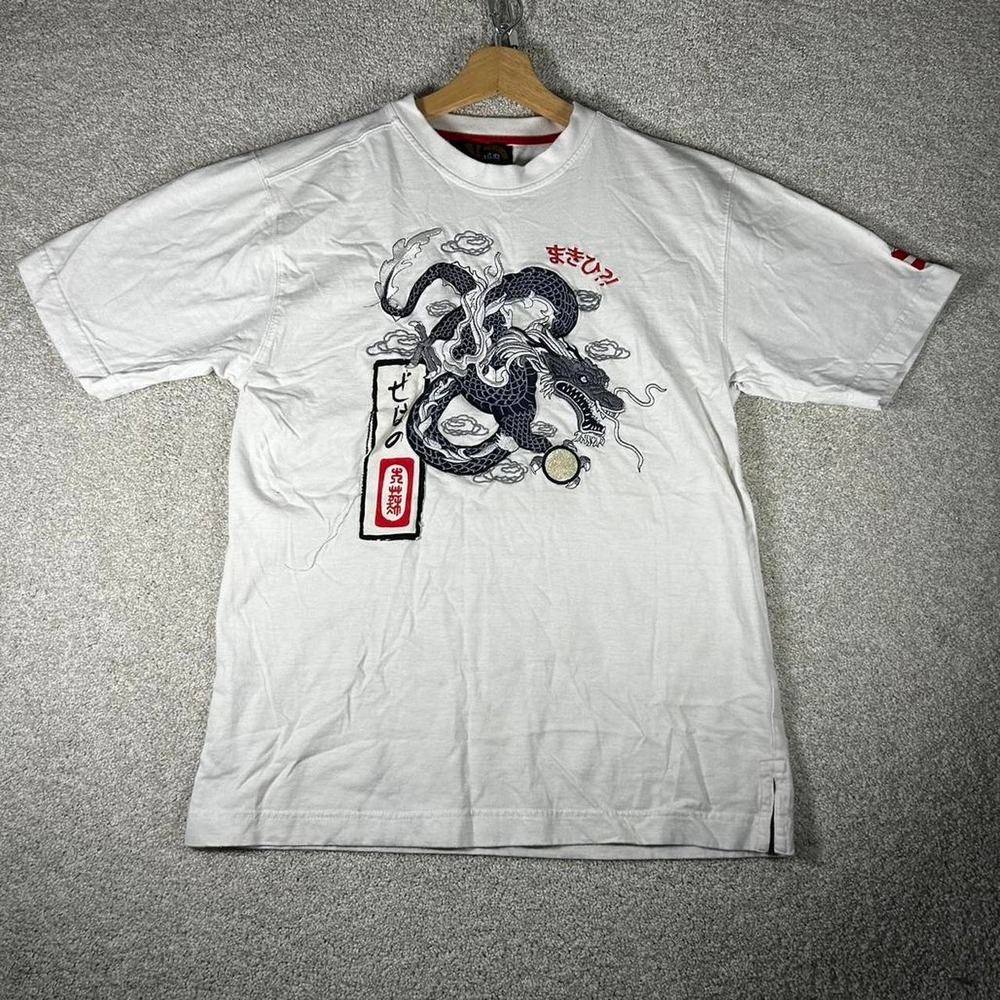 Y2K dragon embroidered white distressed skater t-shirt Size L